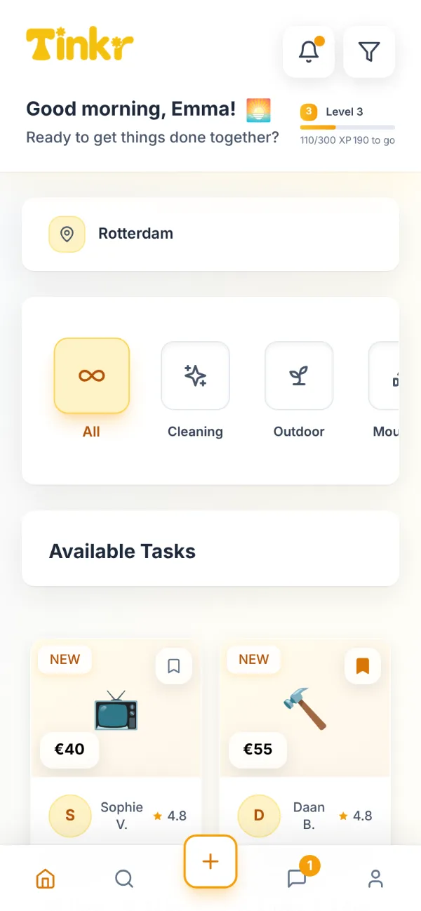 The Tinkr dashboard on a phone: tasks near you, such as mounting a TV for €40 or assembling a wardrobe for €55, with categories to browse